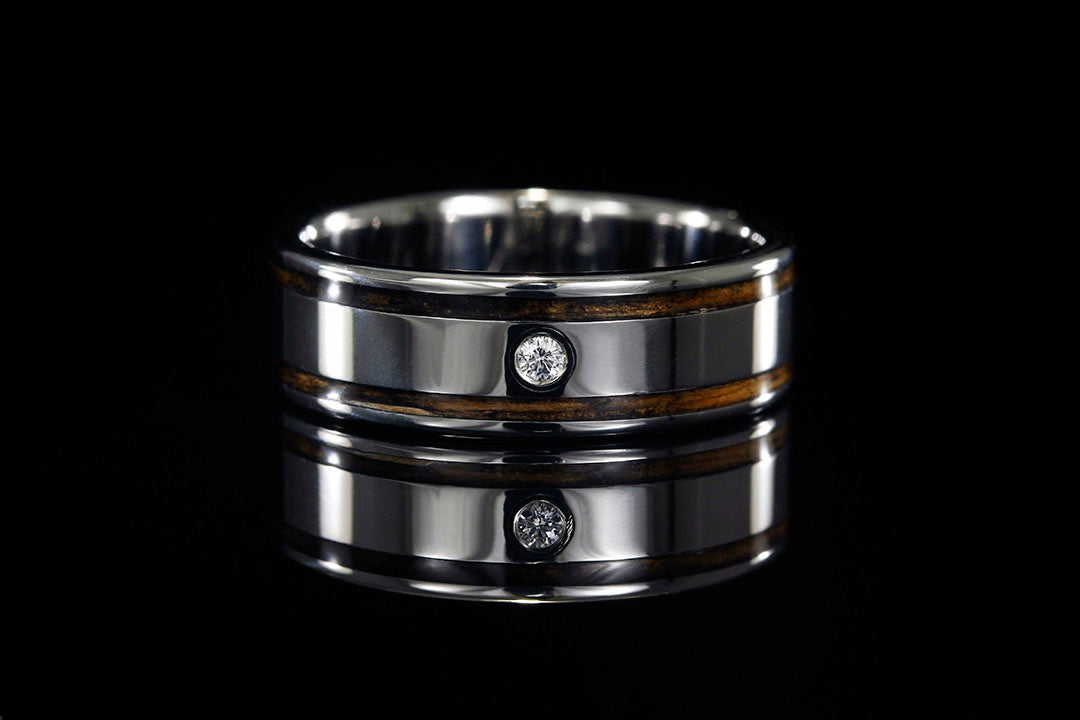 TITANIUM BEZEL SET DIAMOND WHISKEY BARREL WOOD RING - Chasing Victory