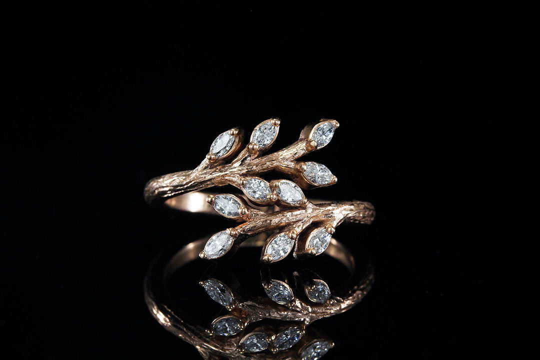 ROSE GOLD TWIG RING WITH MARQUISE DIAMOND LEAVES - Chasing Victory
