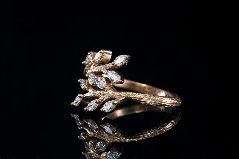 ROSE GOLD TWIG RING WITH MARQUISE DIAMOND LEAVES - Chasing Victory