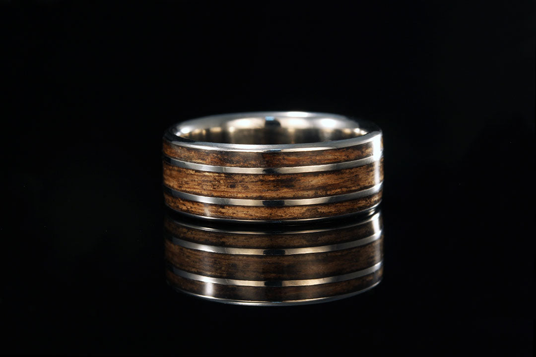 Titanium Jack Daniels whiskey barrel wood ring, Chasing Victory, Silver linings