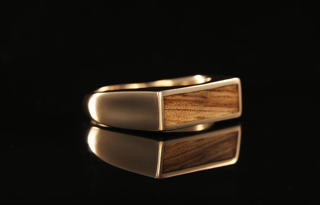 Black Limba wood mens 14K yellow gold signet ring, Chasing Victory, mens wedding rings, mens engagement rings