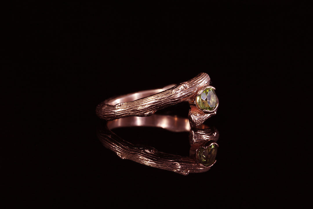 Green Peridot Stone Rose gold twig ring, split band
