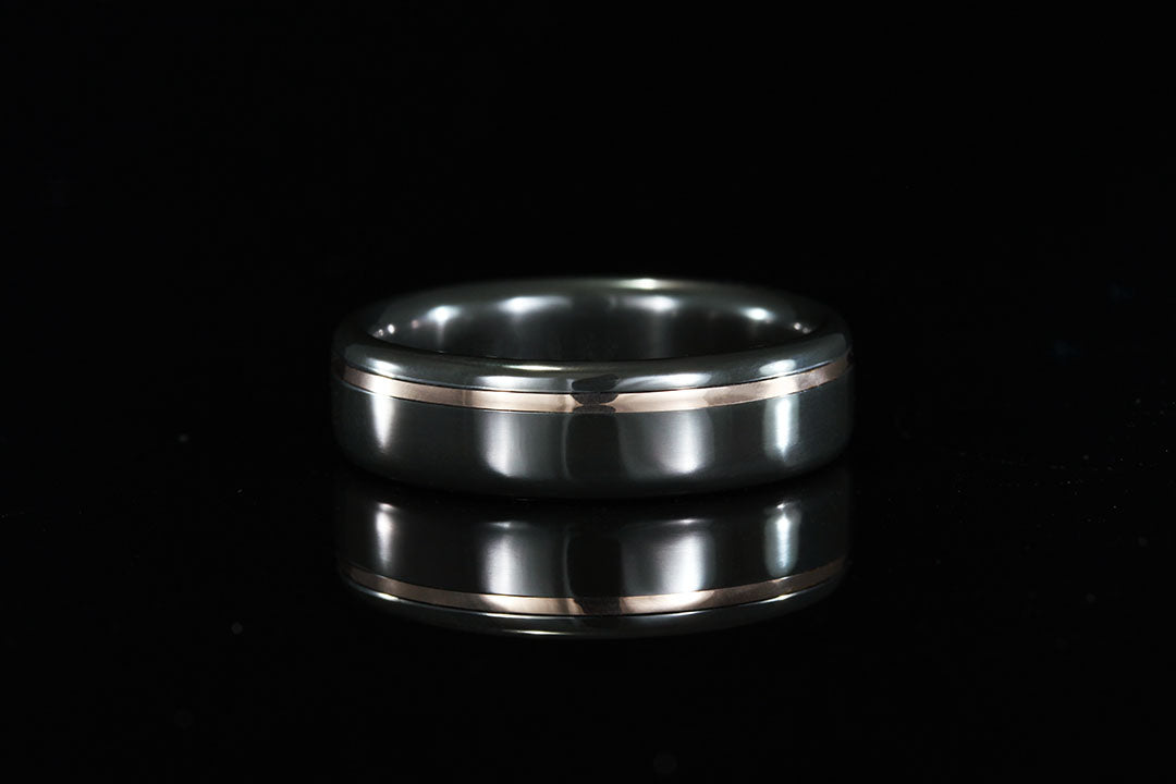 Mens black zirconium offset rose gold ring, Chasing Victory