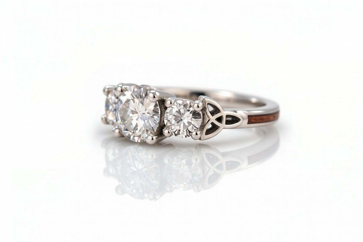 3 STONE DIAMOND 14K WHITE GOLD CELTIC KNOT WOOD RING