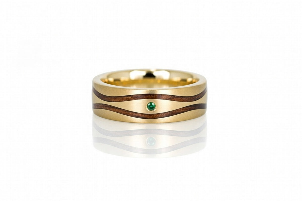 WINDSWEPT HAWAIIAN KOA RING WITH DROPS OF APPLE GREEN DIAMONDS