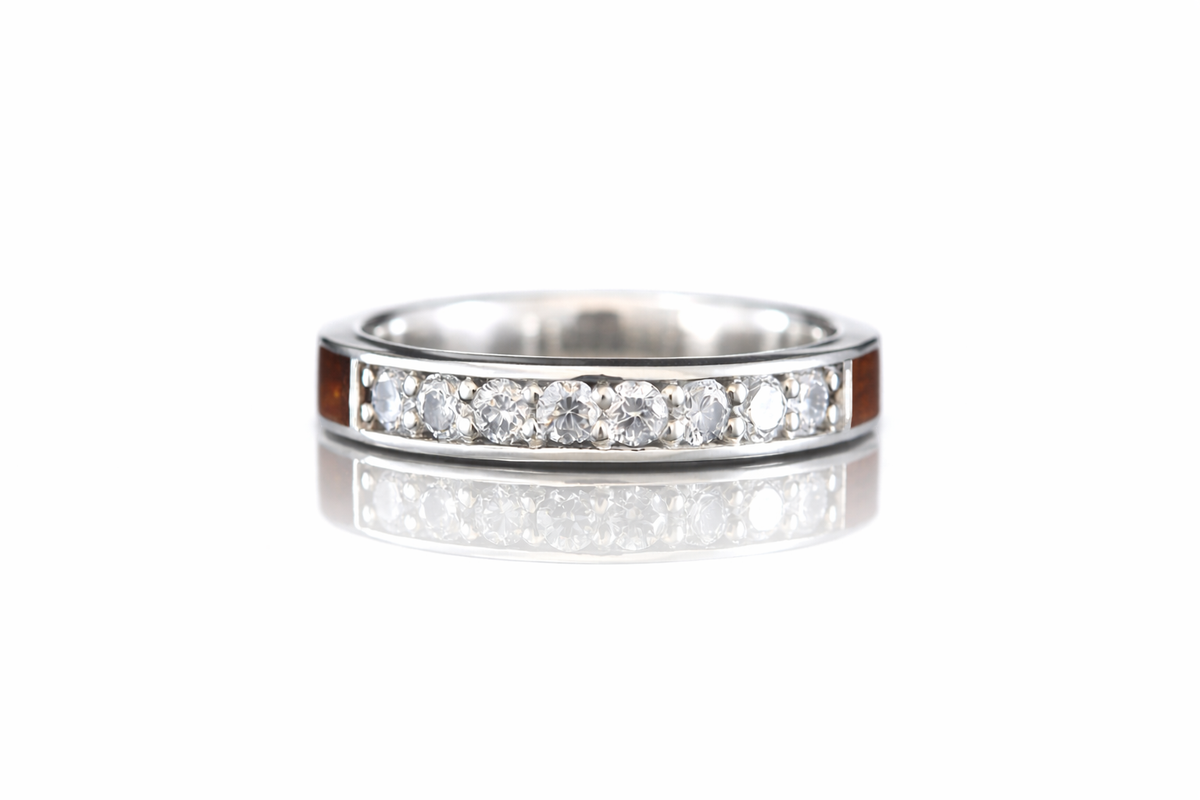 HAWAIIAN KOA 14K WHITE GOLD DIAMONDS ANNIVERSARY RING
