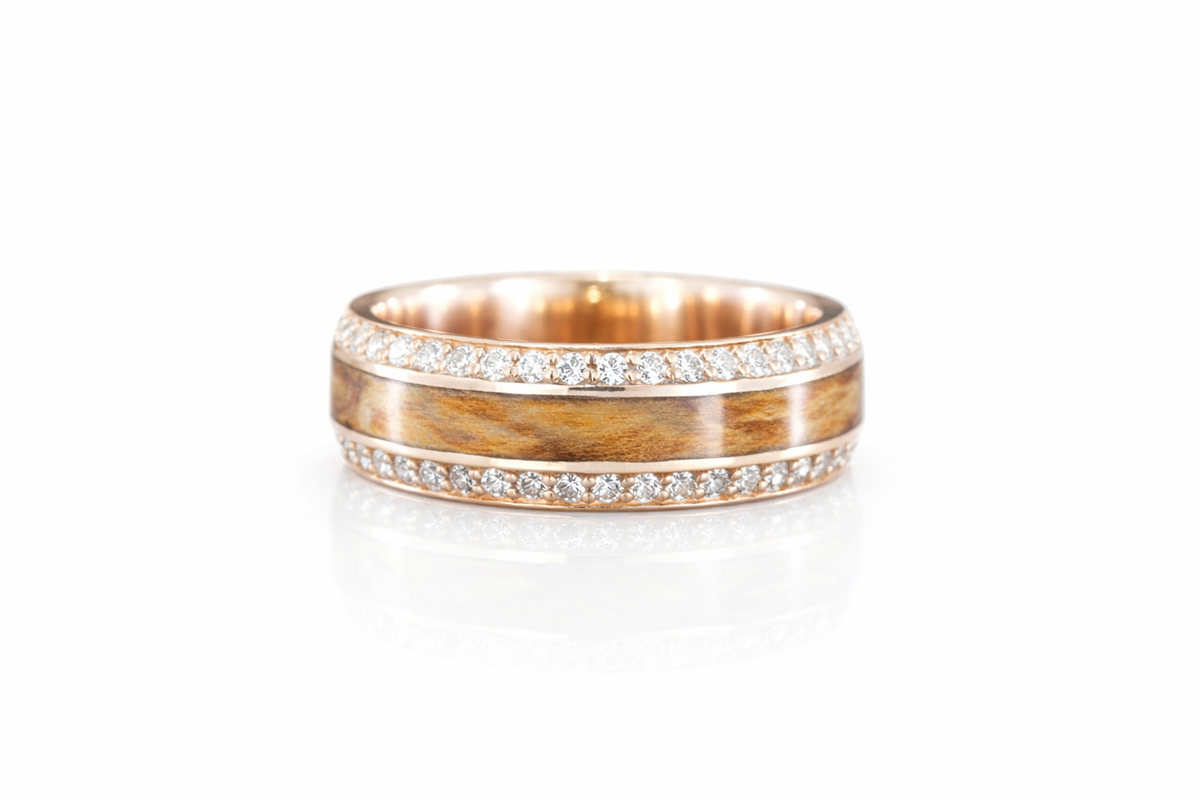 ROSE GOLD DIAMOND EDGED RING WITH BETHLEHEM OLIVE WOOD