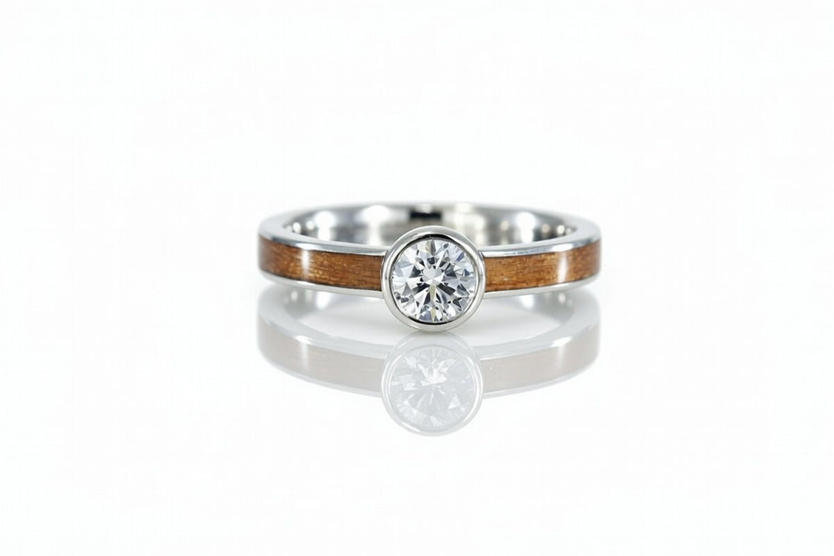 14K GOLD BEZEL SET DIAMOND CHERRY WOOD RING