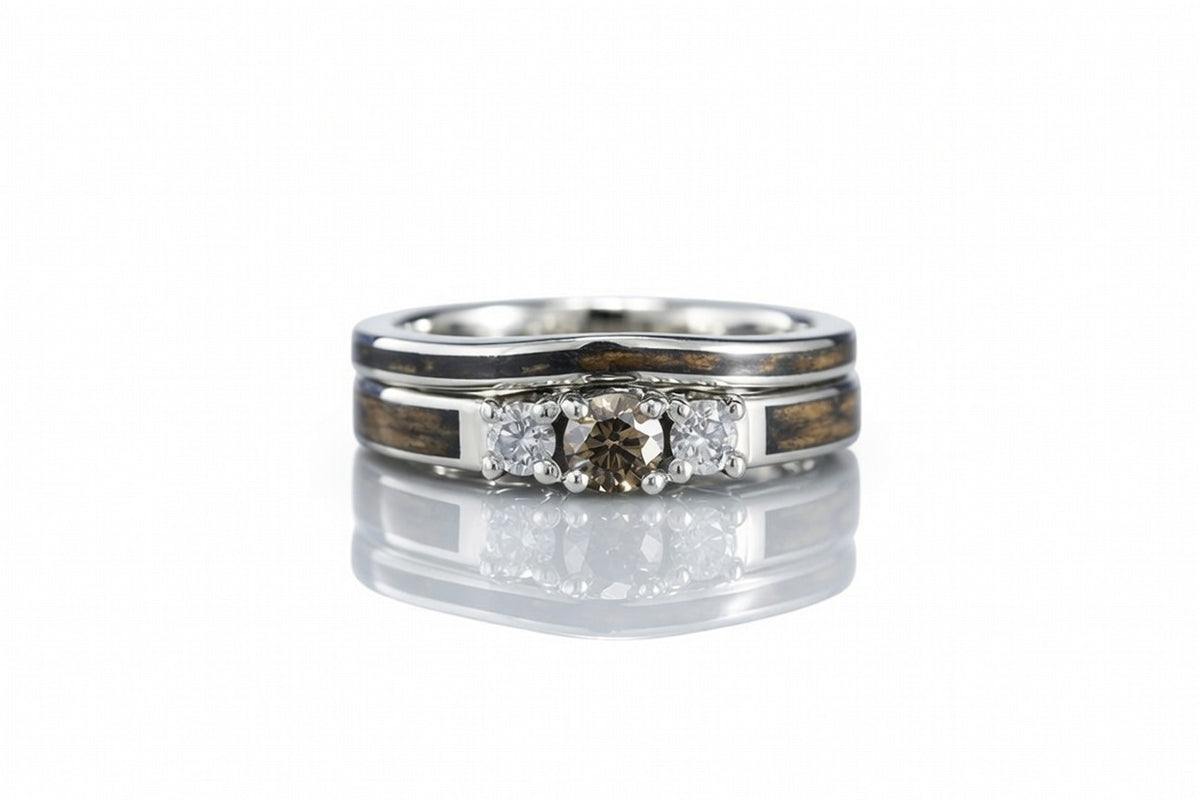 FORMED 14K WHITE GOLD WHISKEY BARREL WOOD RING