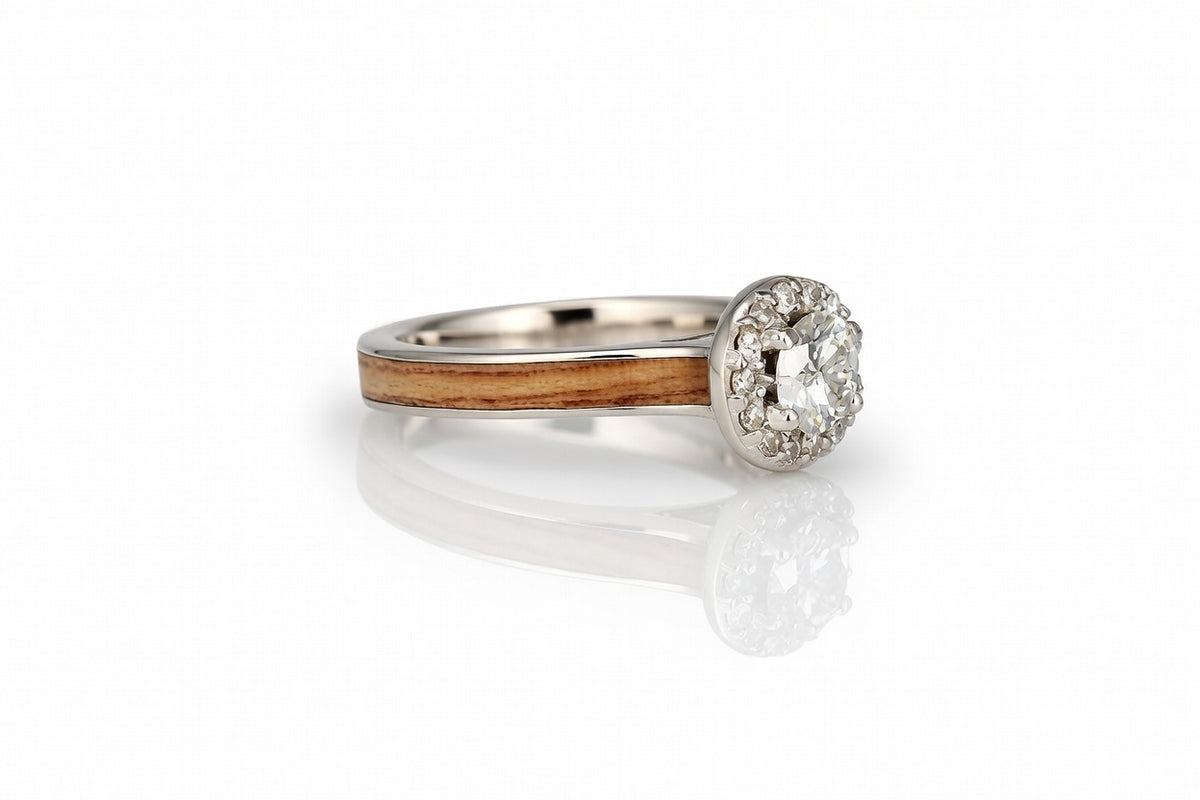BETHLEHEM OLIVE WOOD PLATINUM DIAMONDS HALO RING