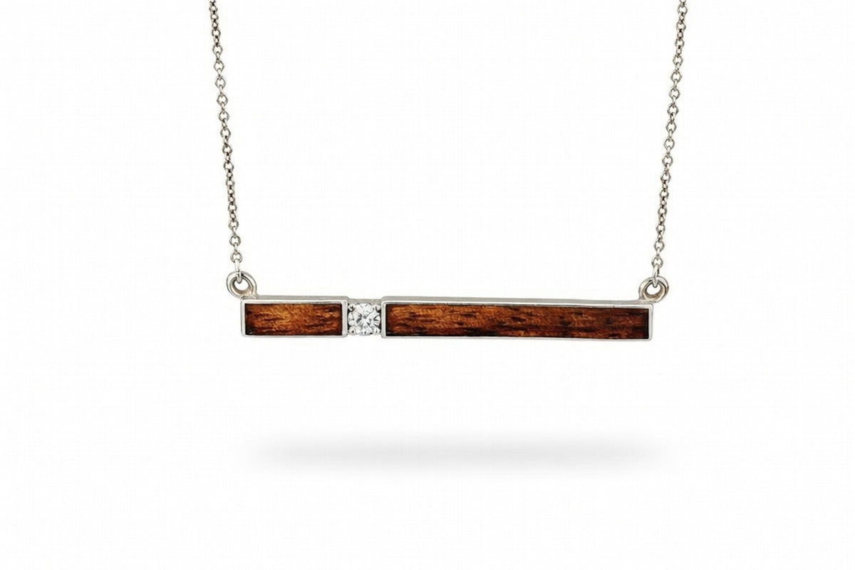 Horizontal Gold Bar Pendant with Hawaiian Koa Wood Inlay and Diamond Setting
