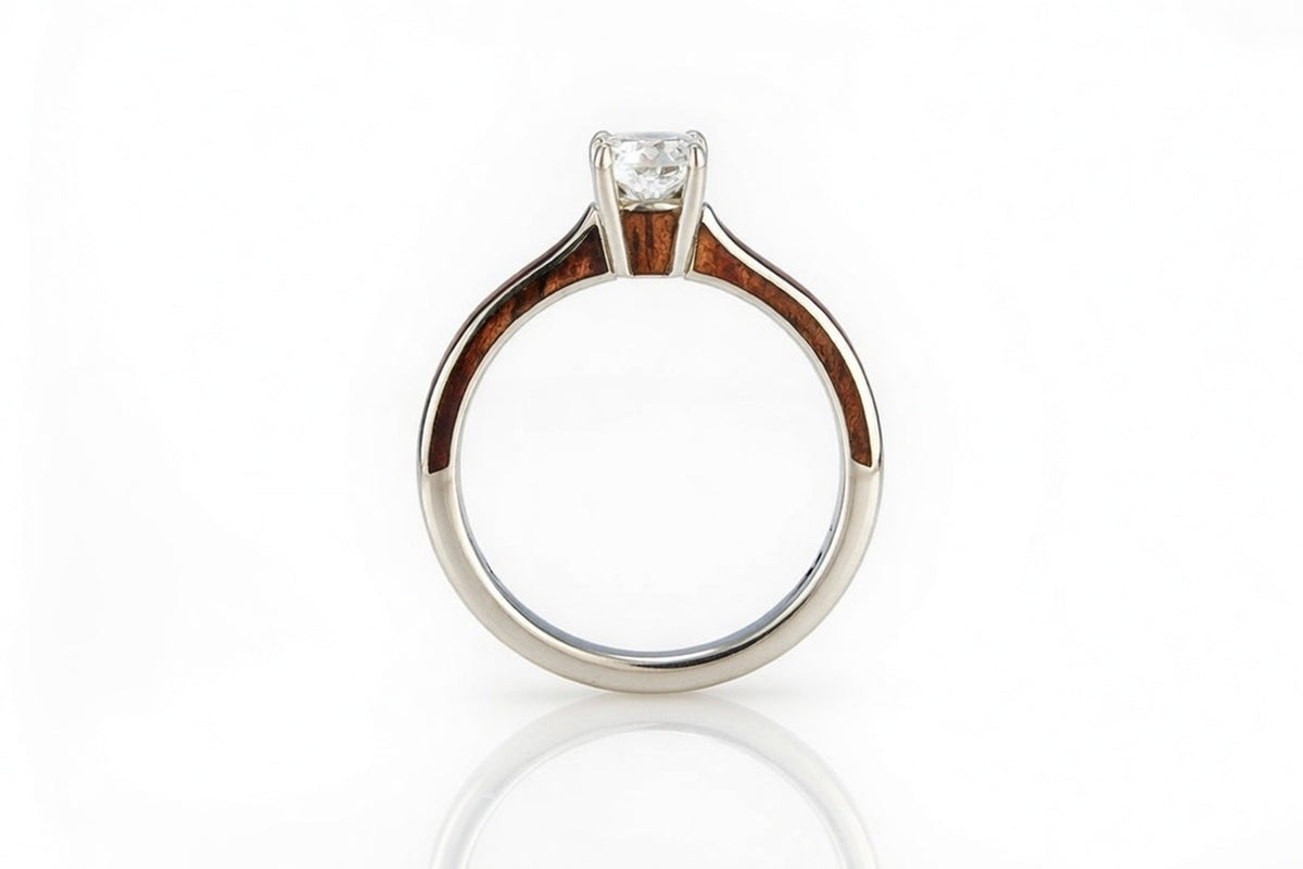 HAWAIIAN KOA WOOD SIDE INLAY 14K WHITE GOLD DIAMOND RING