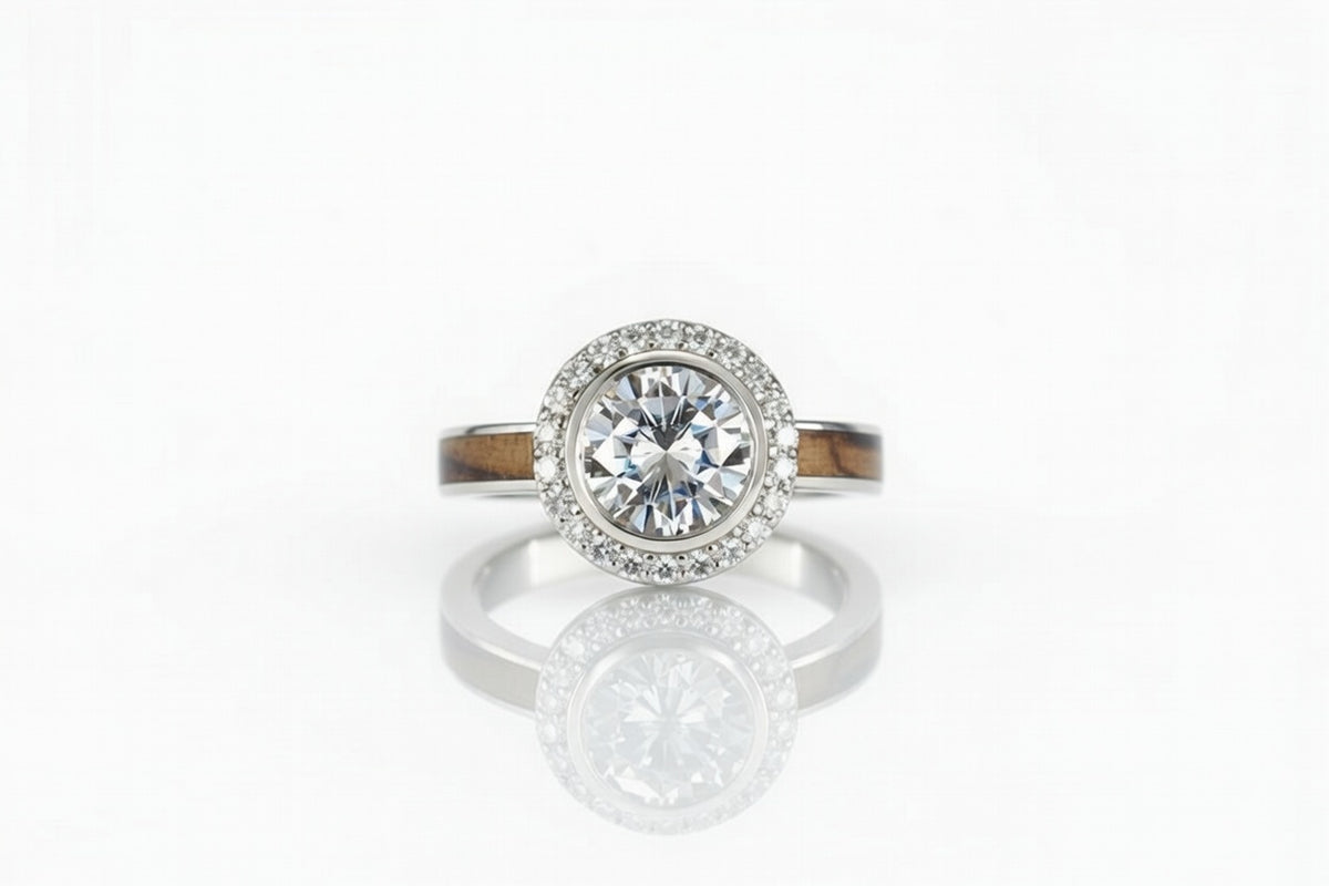 WHITE GOLD BETHLEHEM OLIVE WOOD DIAMOND HALO BEZEL ENGAGEMENT RING