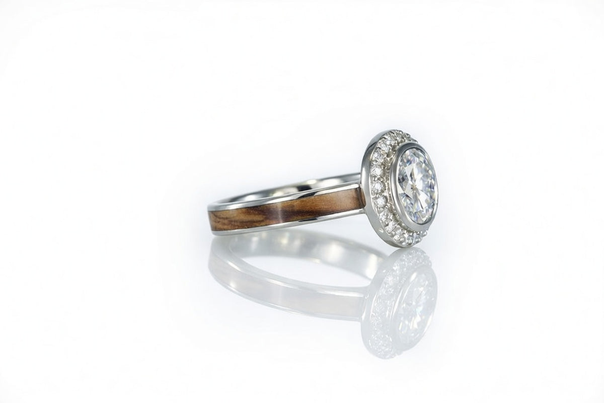 WHITE GOLD BETHLEHEM OLIVE WOOD DIAMOND HALO BEZEL ENGAGEMENT RING