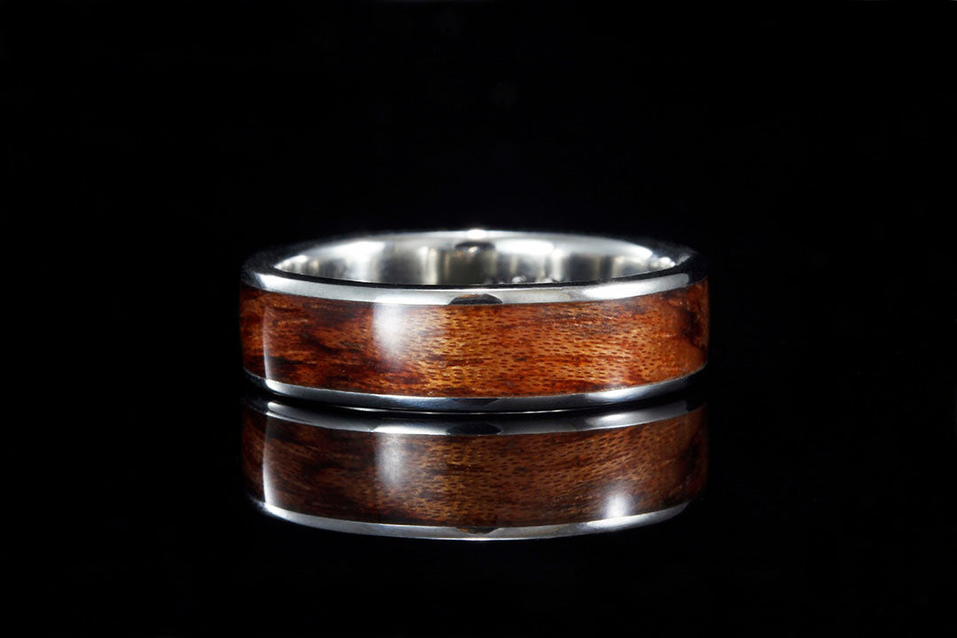 BUBINGA WATERFALL 14K WHITE GOLD WIDE INLAY RING