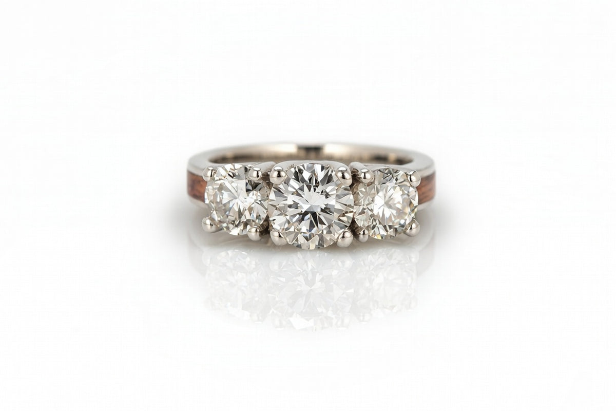 BUBINGA WATERFALL WOOD PLATINUM DIAMOND 3 STONE CURVE RING