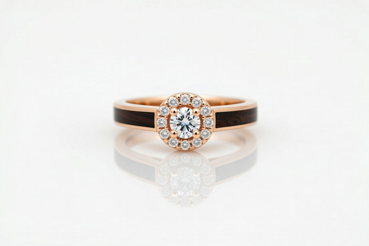 EBONY 14K ROSE GOLD DIAMOND HALO RING