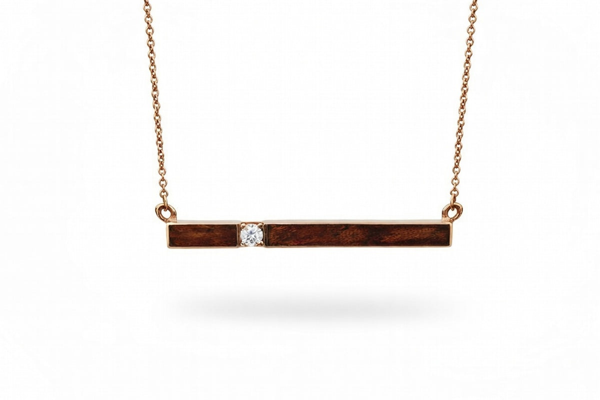Horizontal Gold Bar Pendant with Bubinga Waterfall Wood Inlay and Diamond Setting