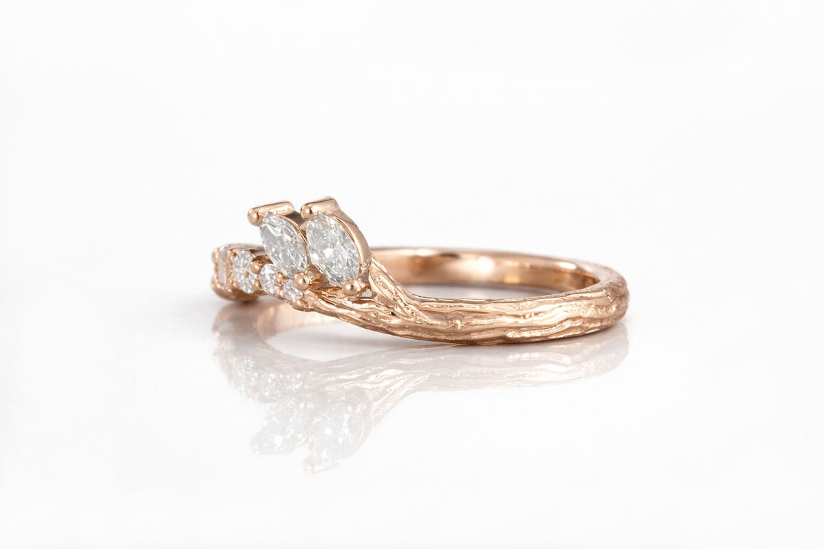 THE PROMISE KEEPER: ROSE GOLD TWIG RING WITH MARQUISE DIAMOND LEAVES