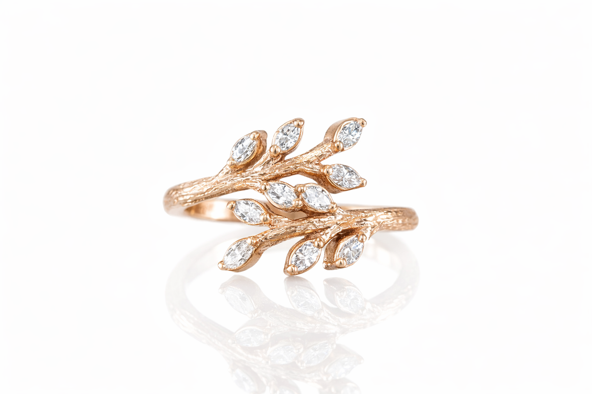 ROSE GOLD TWIG RING WITH MARQUISE DIAMOND LEAVES