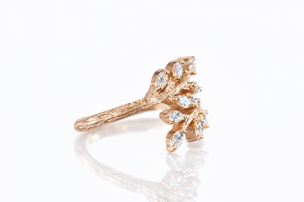 ROSE GOLD TWIG RING WITH MARQUISE DIAMOND LEAVES