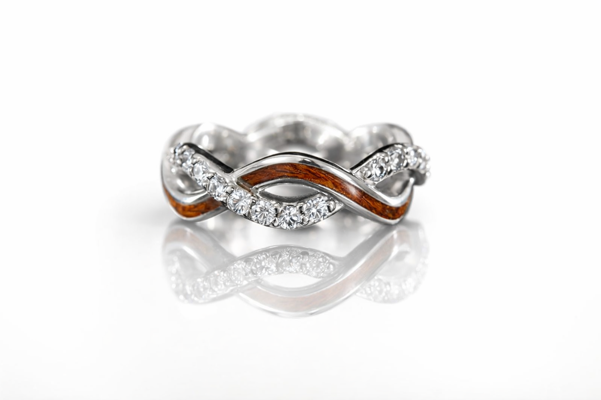 14K WHITE GOLD HAWAIIAN KOA AND DIAMOND INTERLACED RING