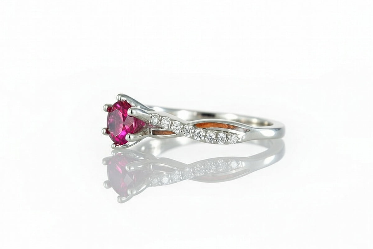 14K WHITE GOLD INTERLACED DIAMOND AND RUBY MAGNOLIA WOOD ENGAGEMENT RING