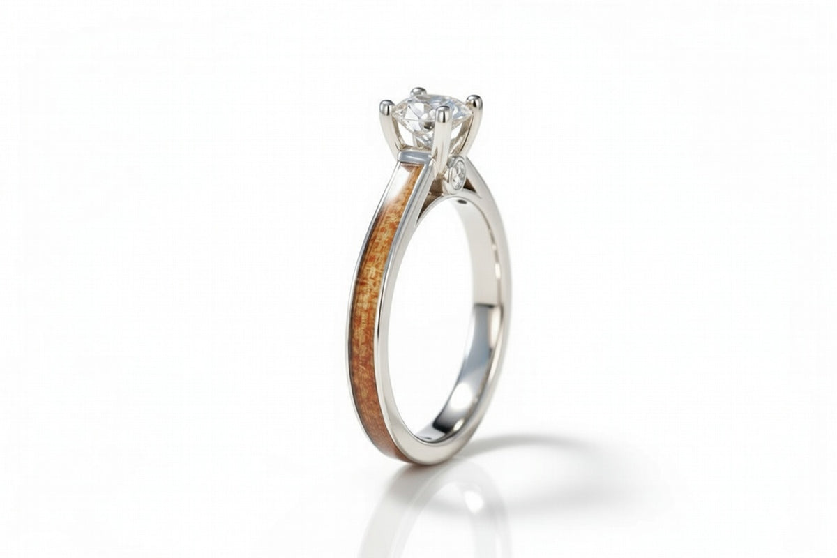 ANCIENT KAURI WOOD 14K WHITE GOLD DIAMOND TIFFANY WITH SIDE STONES RING