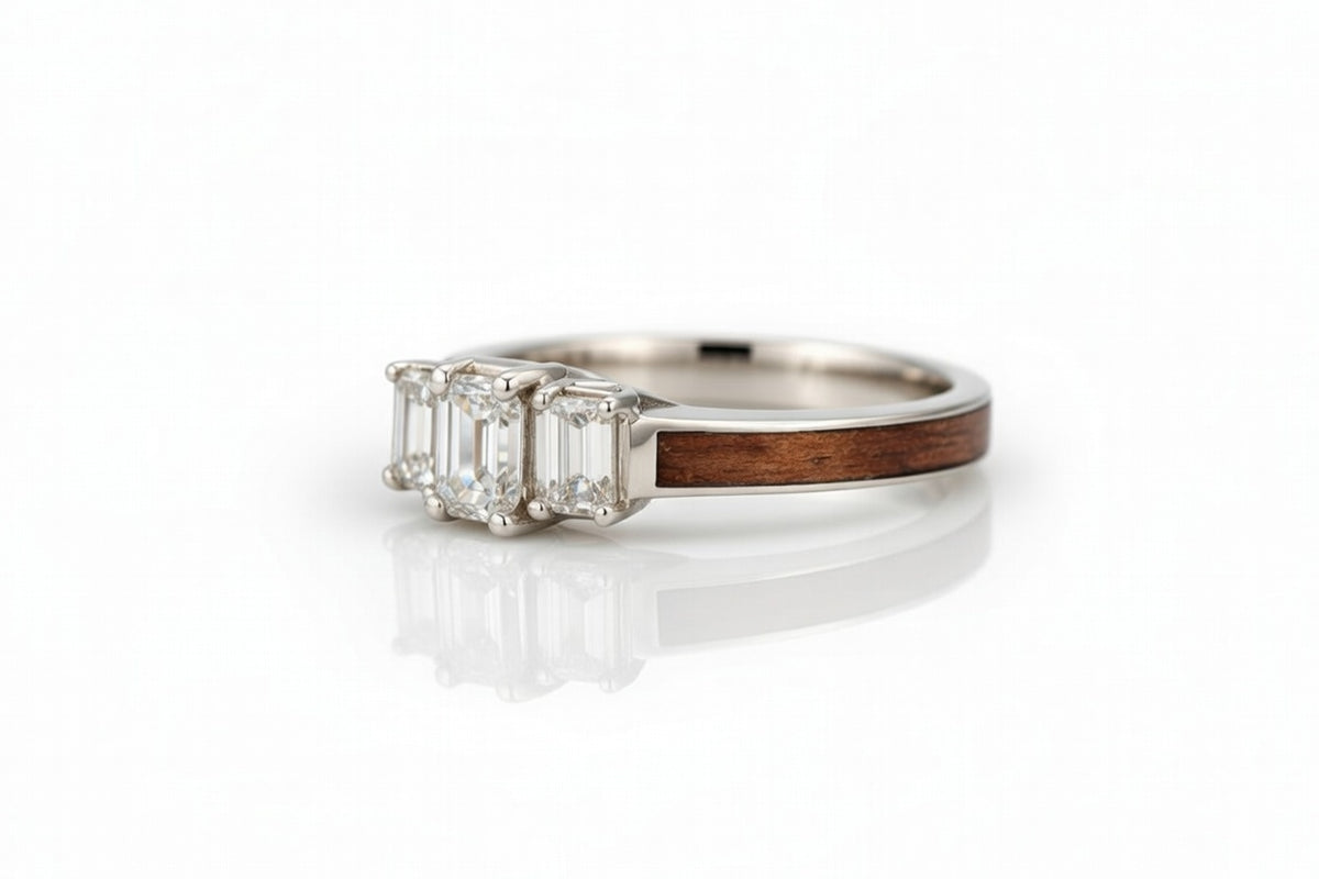 WALNUT WOOD 14K WHITE GOLD DIAMOND 3 STONE CURVE RING