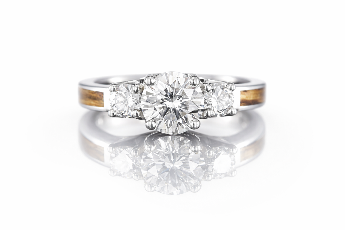 WHISKEY BARREL WOOD 14K WHITE GOLD DIAMOND 3 STONE CURVE RING