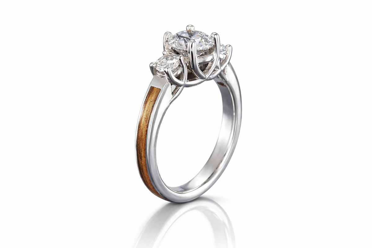 WHISKEY BARREL WOOD 14K WHITE GOLD DIAMOND 3 STONE CURVE RING