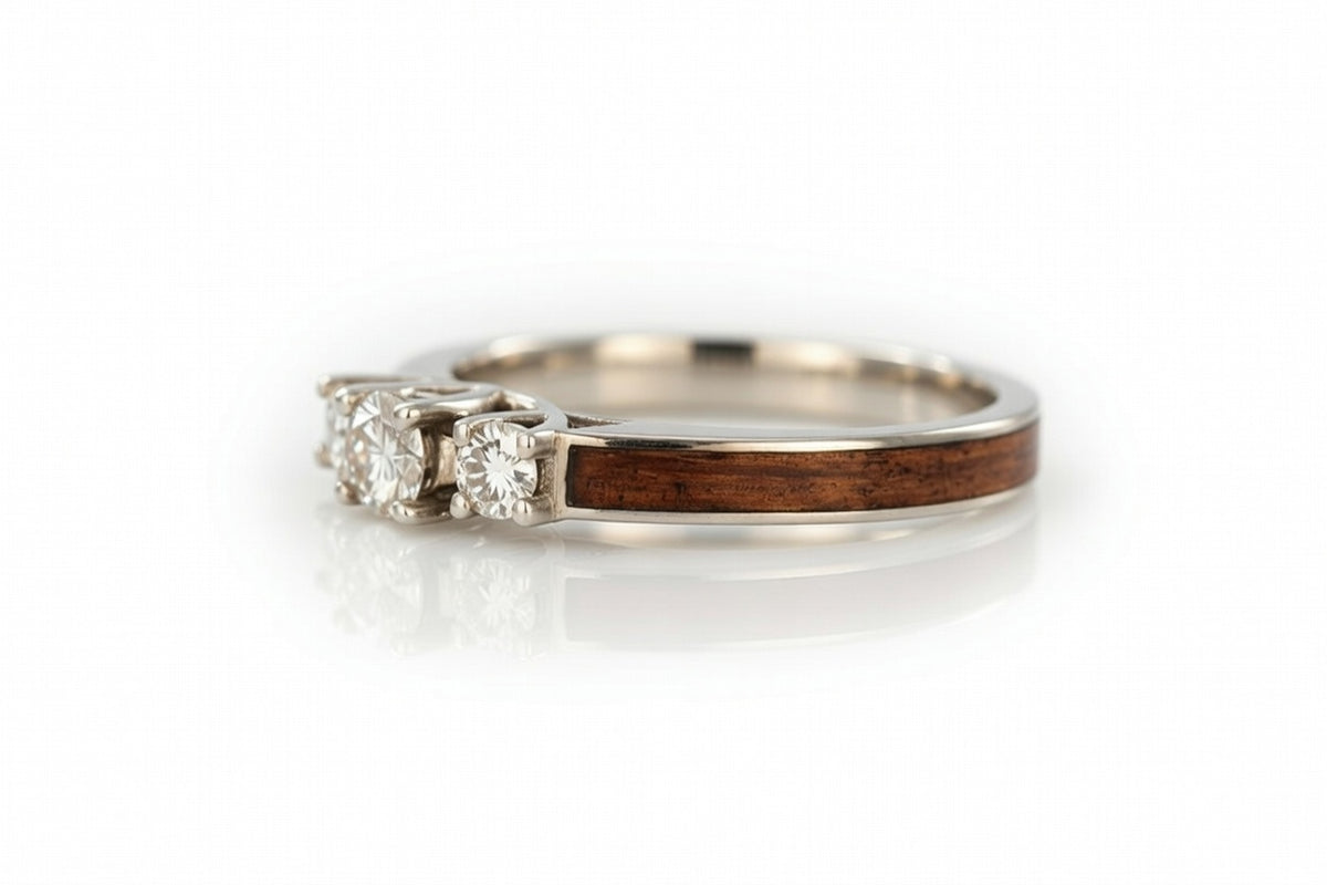 WHISKEY BARREL WOOD 3 STONE ENGAGEMENT RING