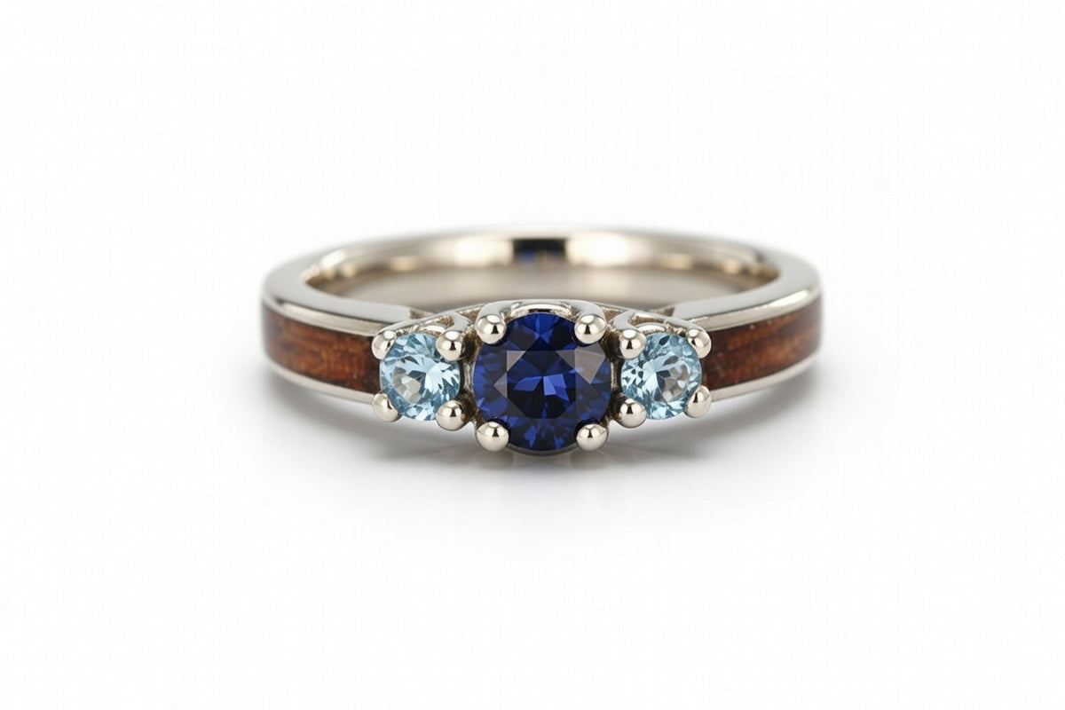 WALNUT WOOD 14K WHITE GOLD SAPPHIRE/TOPAZ 3 STONE CURVE RING