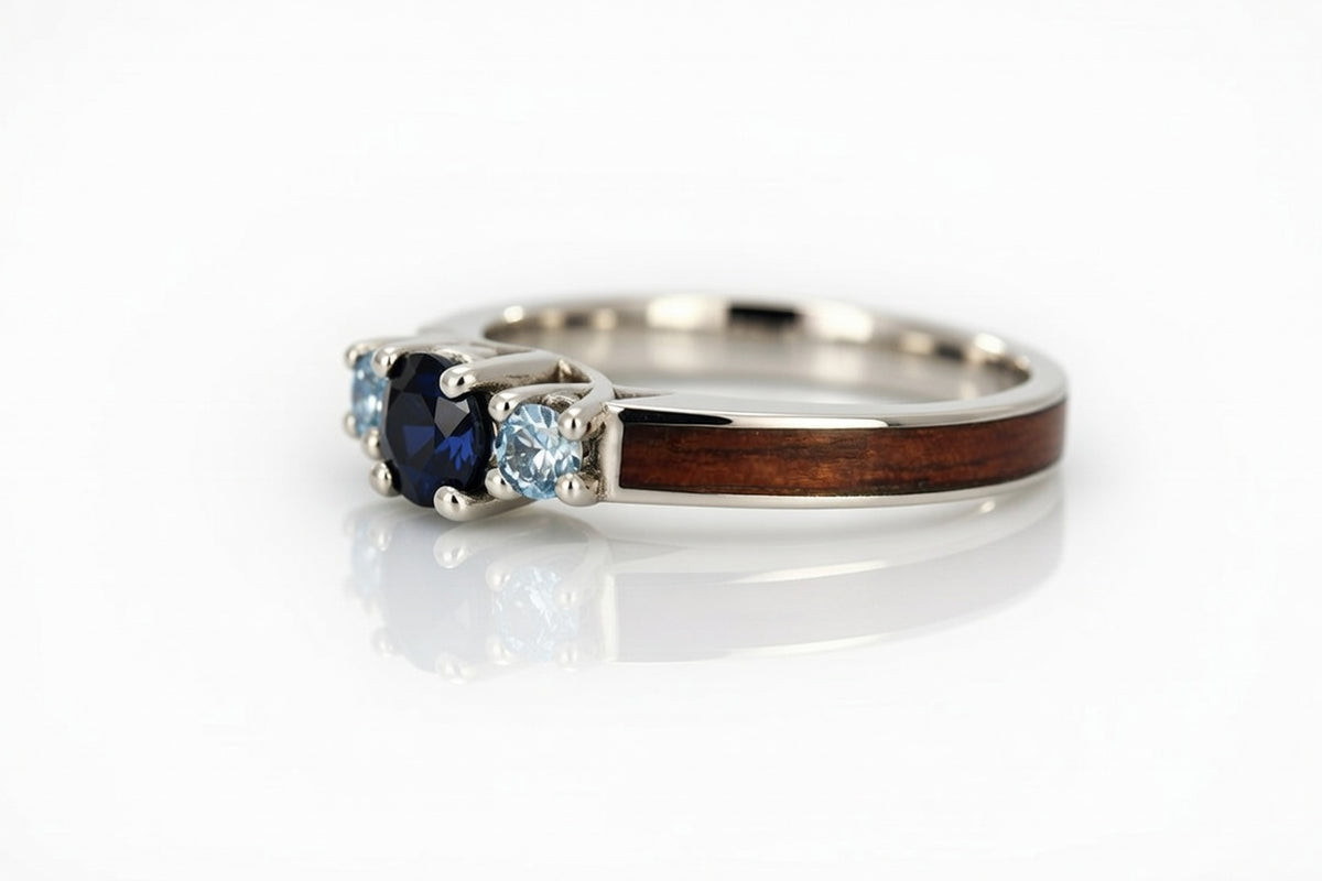 WALNUT WOOD 14K WHITE GOLD SAPPHIRE/TOPAZ 3 STONE CURVE RING