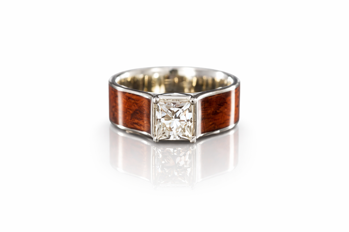 CATHEDRAL 14K GOLD DIAMOND BUBINGA WATERFALL WOOD RING