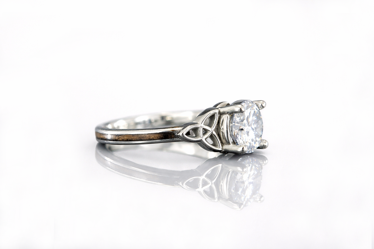 1.3CT DIAMOND CELTIC KNOT ENGAGEMENT RING WITH WHISKEY BARREL WOOD INLAY