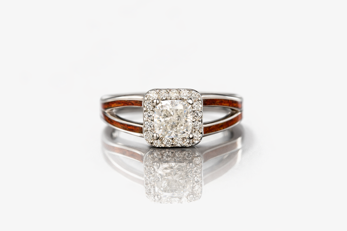 CUSHION CUT HALO DIAMOND WOOD ENGAGEMENT RING