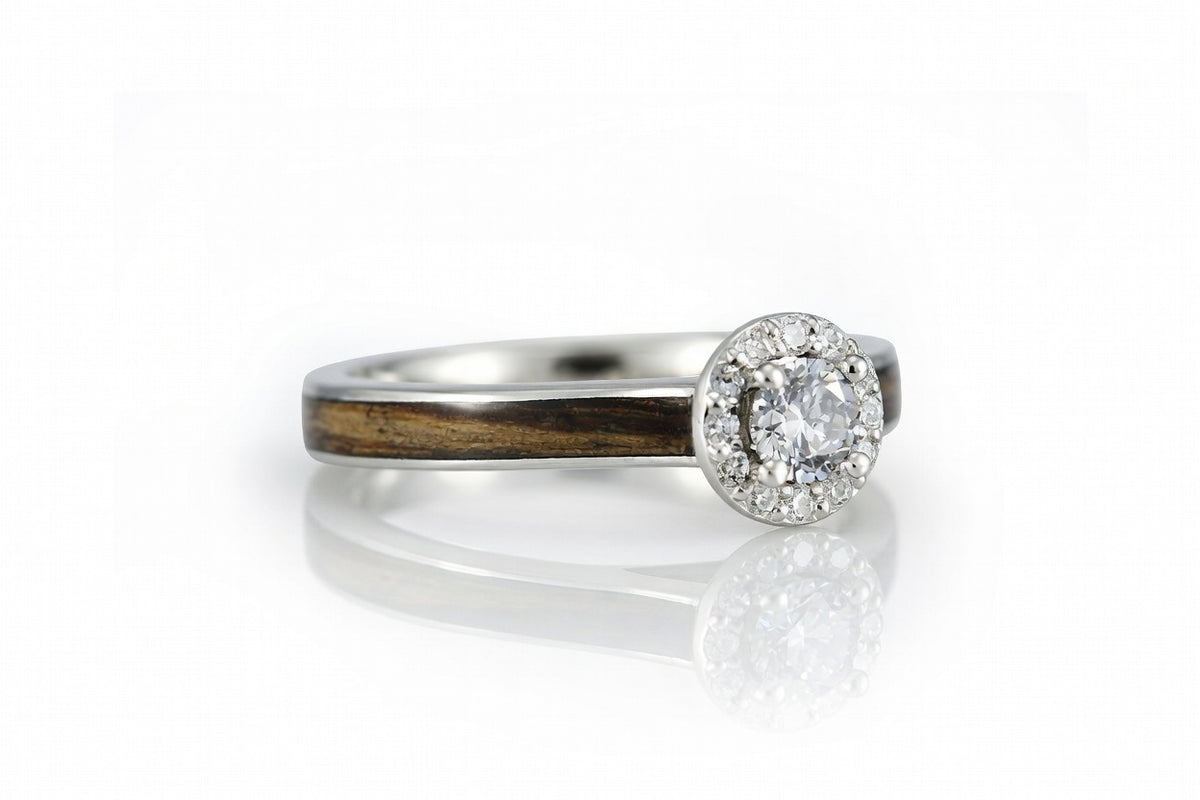 WHISKEY BARREL WOOD 14K WHITE GOLD DIAMONDS HALO RING