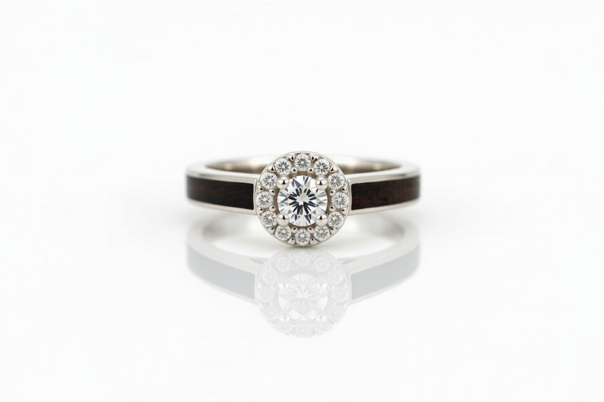 White Gold ring with a diamond halo on a white background