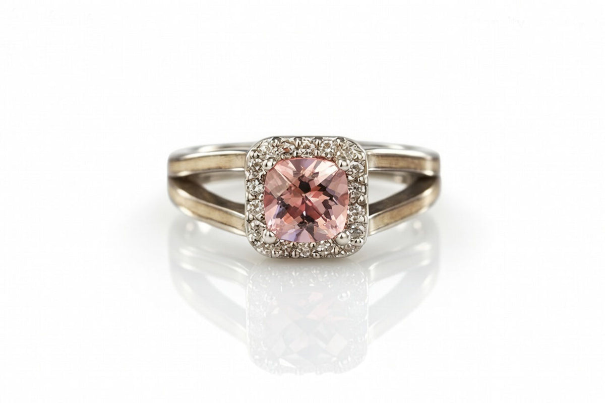 14K WHITE GOLD PINK TOPAZ SPLIT HALO RING
