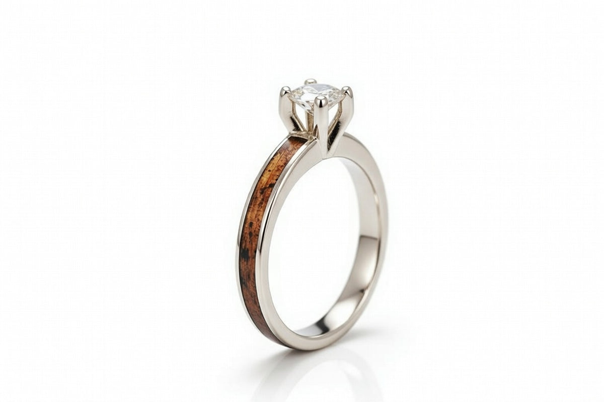 WHISKEY BARREL WOOD 14K WHITE GOLD DIAMOND TIFFANY RING