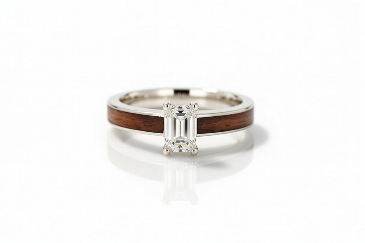 WALNUT WOOD 14K WHITE GOLD DIAMOND TIFFANY RING