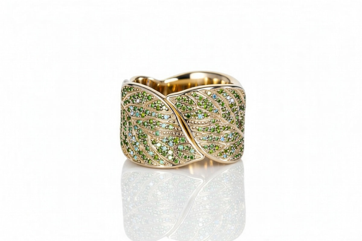 YELLOW GOLD ASPEN LEAF WITH GREEN DIAMONDS