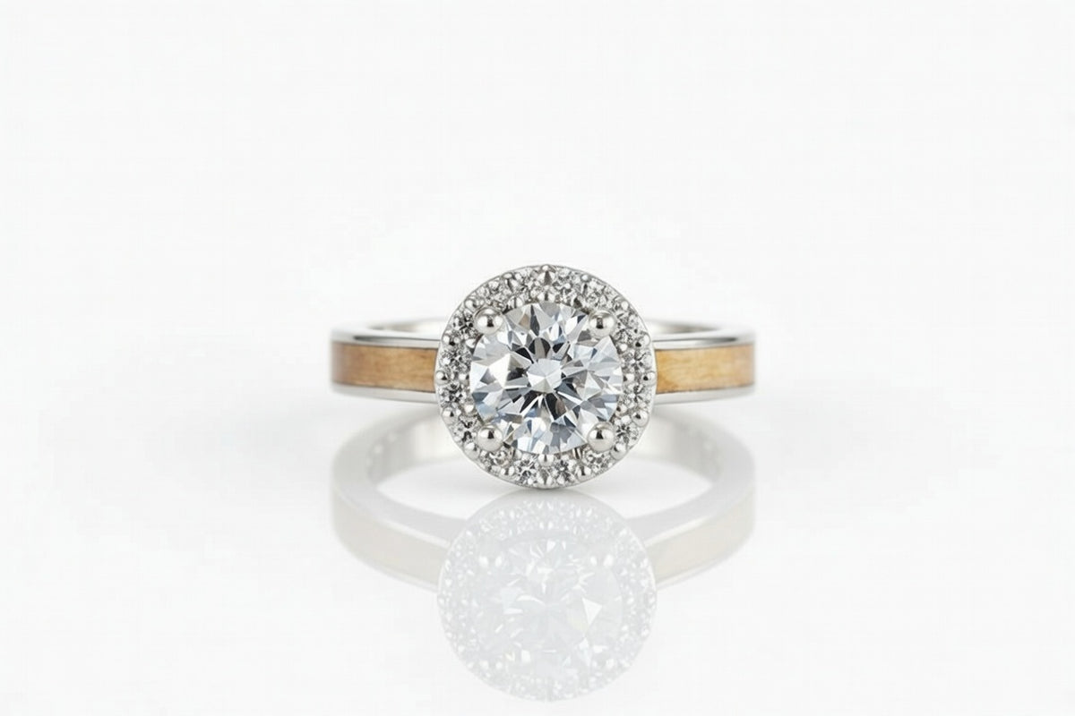 PLATINUM BETHLEHEM OLIVE WOOD DIAMOND HALO RING