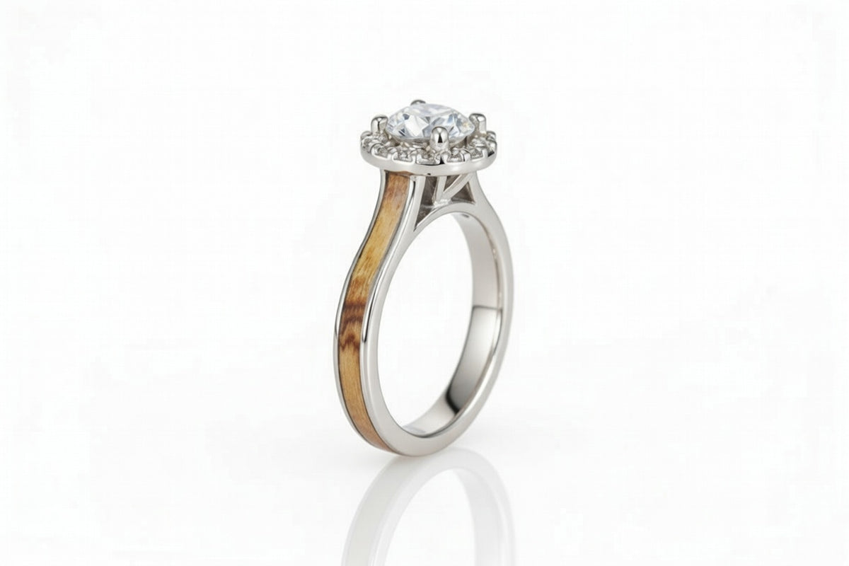 PLATINUM BETHLEHEM OLIVE WOOD DIAMOND HALO RING