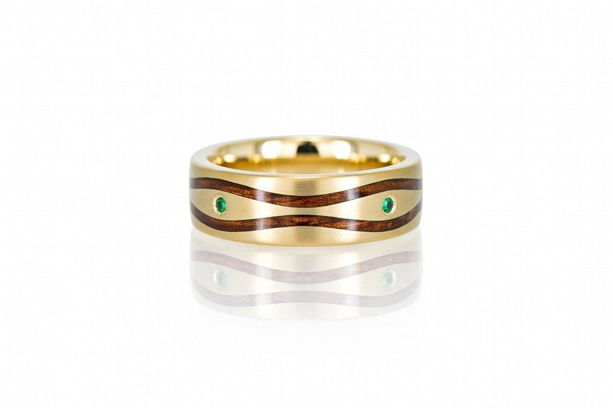WINDSWEPT HAWAIIAN KOA RING WITH DROPS OF APPLE GREEN DIAMONDS