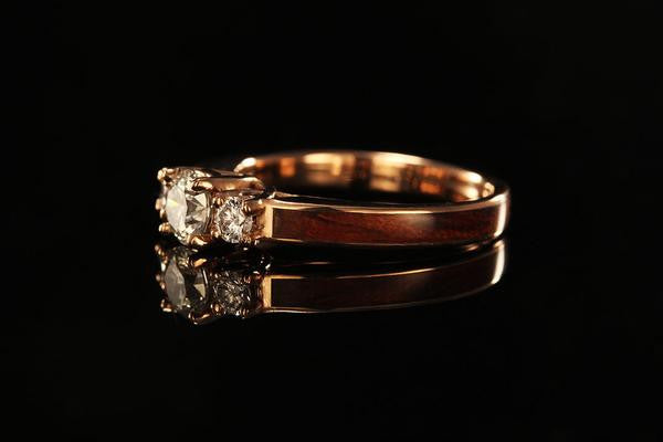 rose gold wooden engagement ring, wooden band, side view
