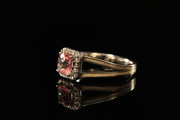 A 14 karat white gold ring with wood, side view, 14K white gold Pink Topaz Split halo ring