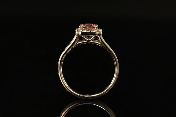 14K White Gold Pink Topaz Split Ring, standing view, golden lining, Chasing Victory