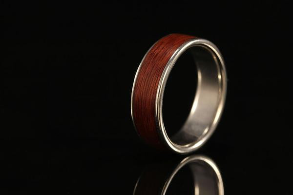 a wood ring for a man, upright, engagement ring, Angico wood, 14K white gold wide wood inlay ring for men, Chasing Victory